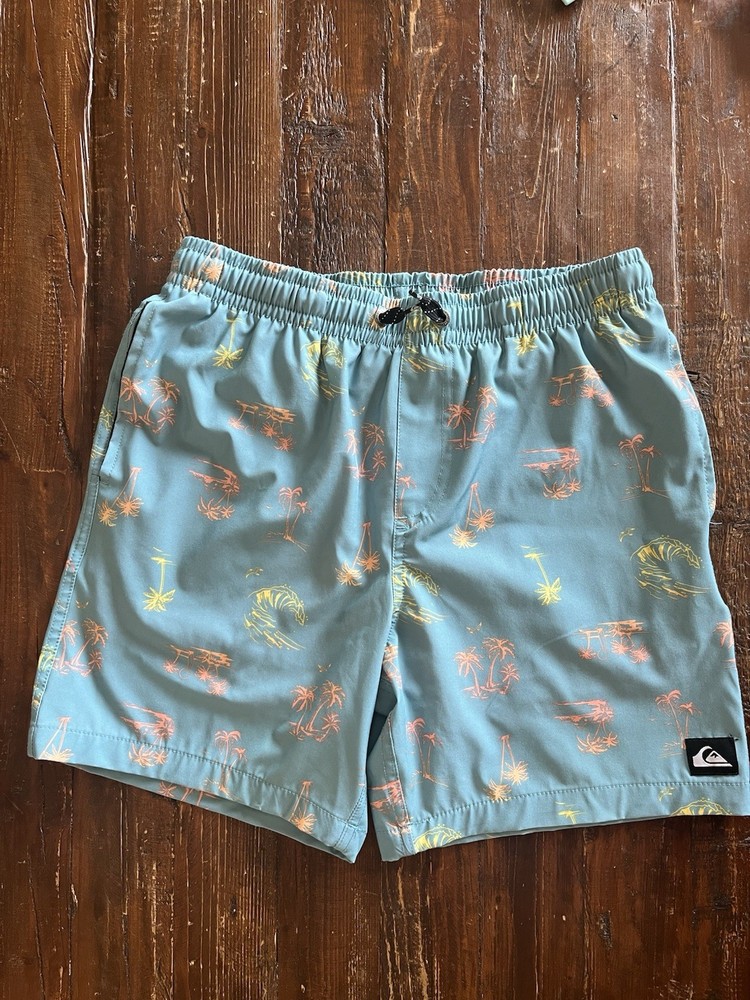 Quiksilver Boys Blue Tropical Palm Swim Shorts L (14/16) Mesh Lined Pockets