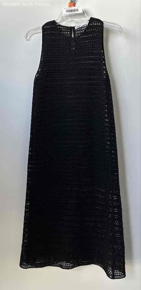 Zara Womens Black Knit Sleeveless Round Neck Crochet Sheath Dress Size XS-S