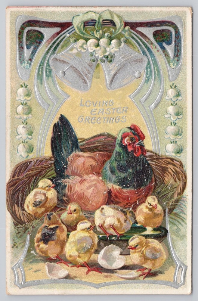 1910 Raphael Tuck Easter Postcard Hen Chicks Art Nouveau Grand Ledge MI Posted