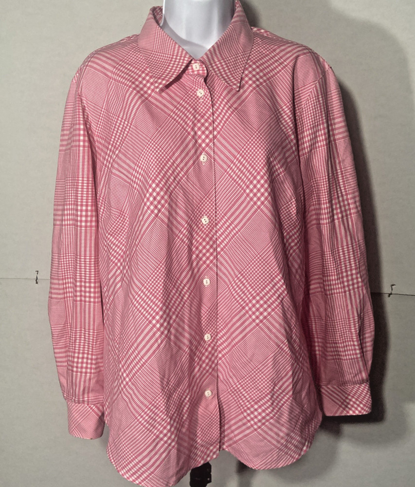 FOXCROFT pink white checkered plaid long sleeve collared button up top 14W
