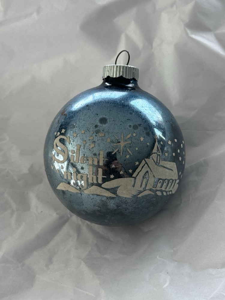 Vintage Shiny Brite Stenciled Silent Night Light Blue Mercury Glass Ornament