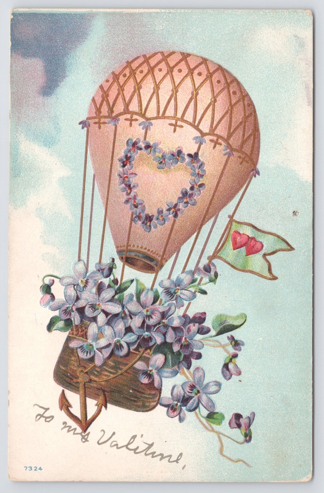 Greetings~Purple Violets In Hot Air Balloon~Vintage Postcard
