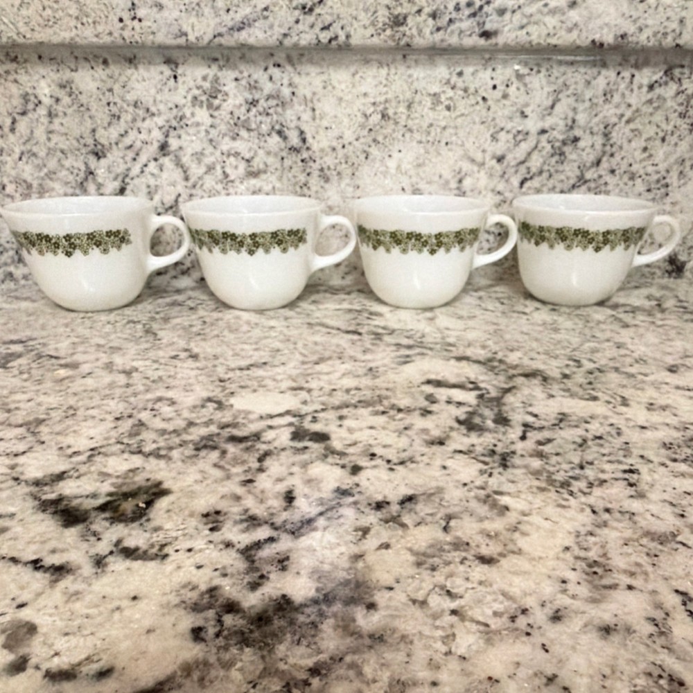 Corning Milk Glass Floral Cups Set of 4 White Green With Handle 3.5