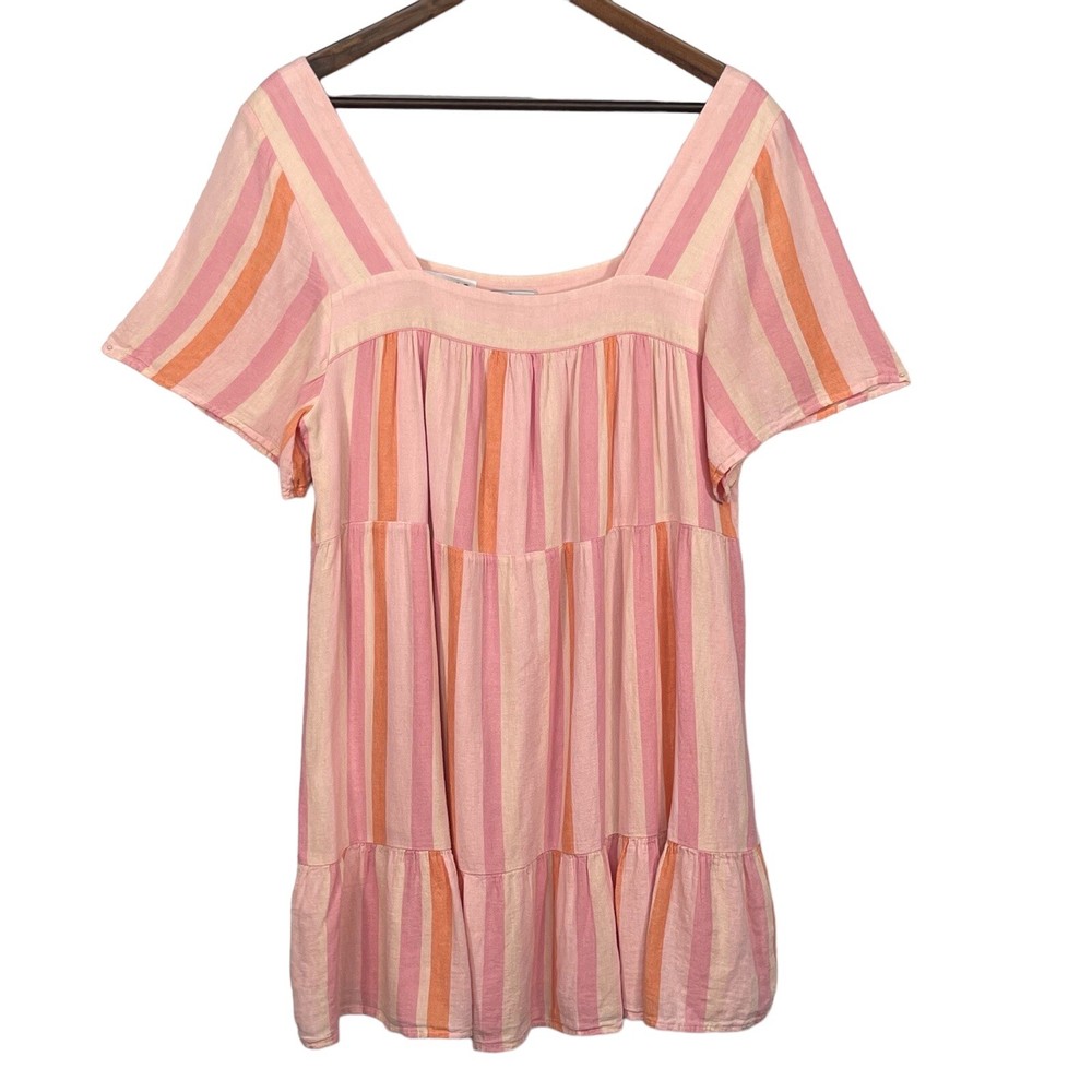 Rails Valentina Dawn Stripe Dress Women Size L Pink Square Neck Tiered A-Line