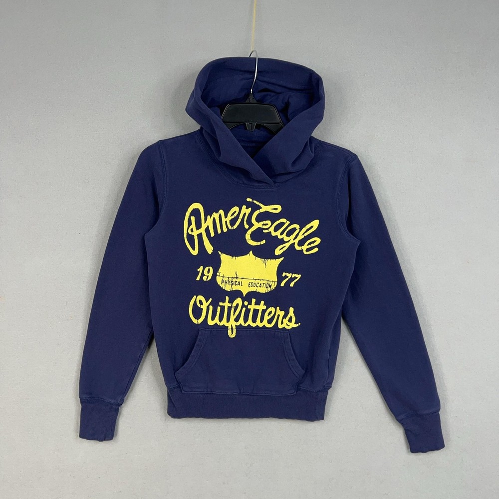 American Eagle Hoodie Womens XS Navy Blue Pullover 1977 PE Graphic Sweater