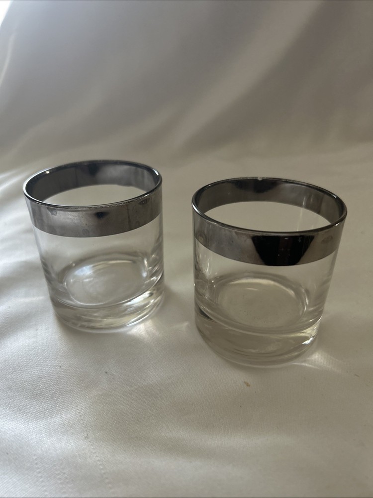 2 Vintage MCM Dorothy Thorpe Silver Rim Rocks Lowball Whiskey Glasses 8oz