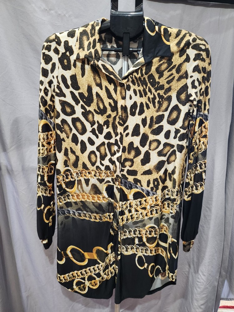 Fashion Nova Women's Medium Leopard & Chain Print Button Long-Sleeve Shirt Dress
