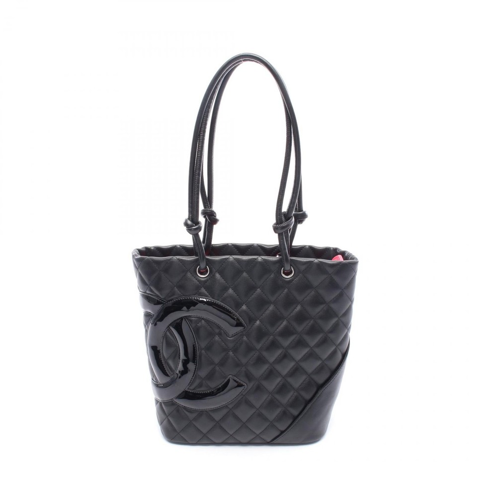 CHANEL Cambon Small Chain Tote A25166 Black Patent Leather Silver Hardware Pre-Owned