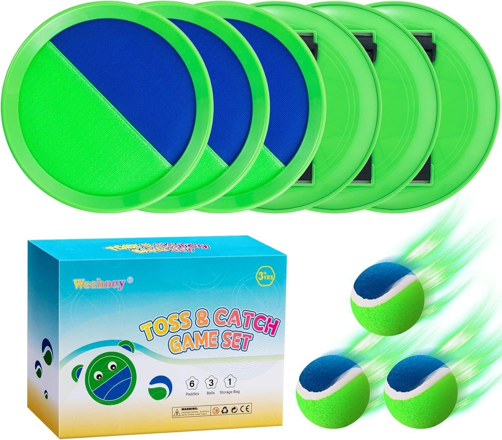 Kids Toss & Catch Ball Set - 6 Paddles 3 Balls Outdoor Beach Game Toy