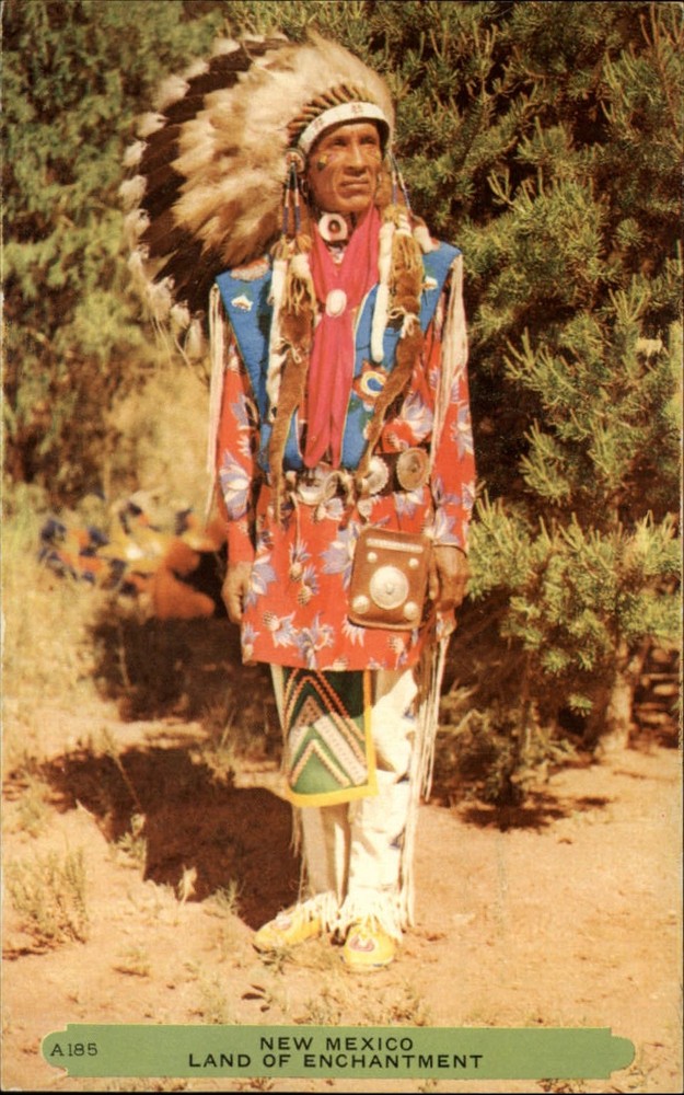 New Mexico Indian Chief headdress regalia beaded 1920s unused vintage postcard