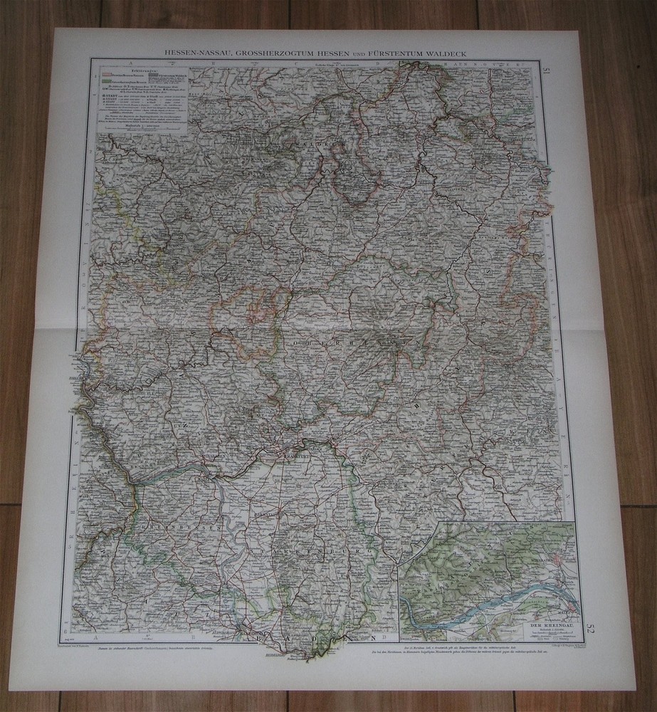 1899 Original Antique Map Of Hessen Hesse Frankfurt Nassau Vogelsberg Germany