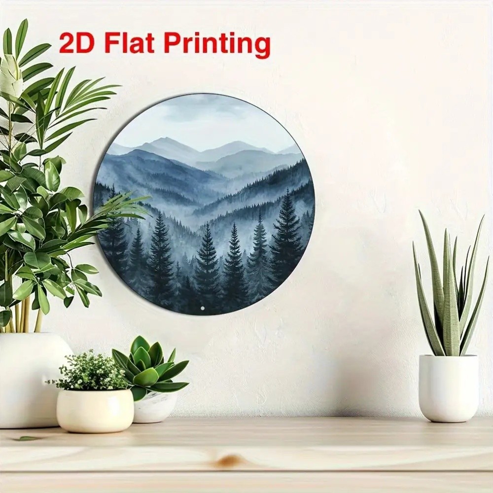 Misty Mountain Pine Forest Vintage Tree Round Aluminum Decor