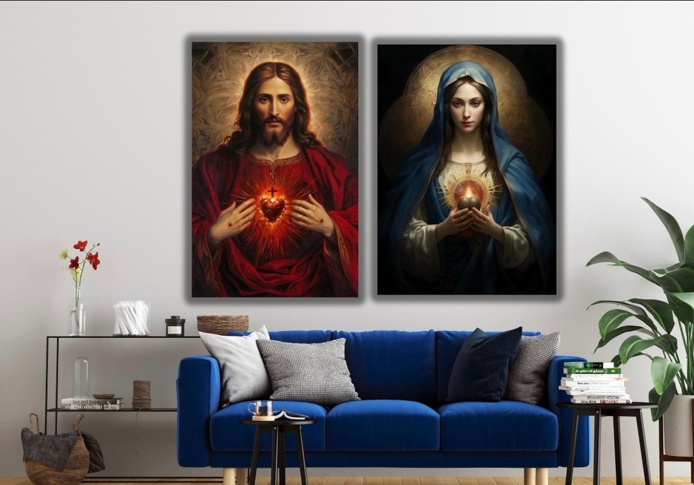 Set of 2 Sacred Heart Of Jesus and Immaculate Heart Of Mary Canvas  wall art