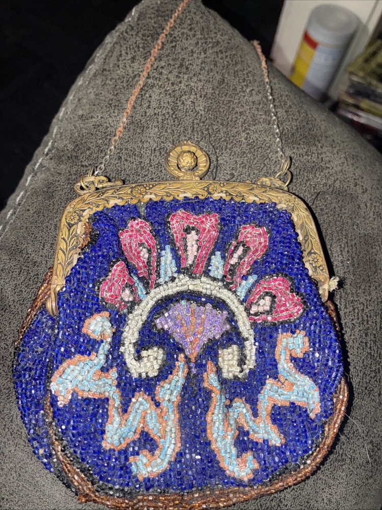 Antique 1920ish Flapper Purse Art Nouveau Beaded Handbag w Ornate Frame Vintage