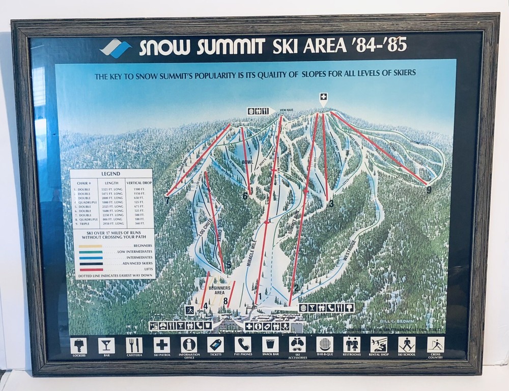 Vintage Snow Summit 1984/1985 Trail Map Framed Poster California Ski Resort