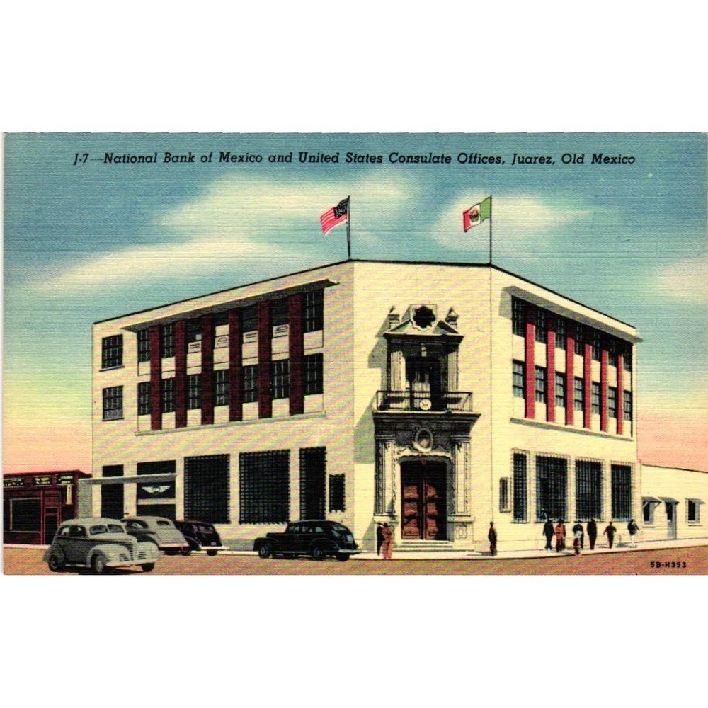 Vintage Juarez Mexico National Bank US Consulate Linen Postcard J-7 Curt Teich
