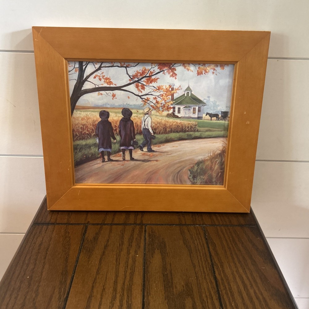 Framed Print Amish Children Walking To School 11 X 13 Fall Colors Horse & Buggy