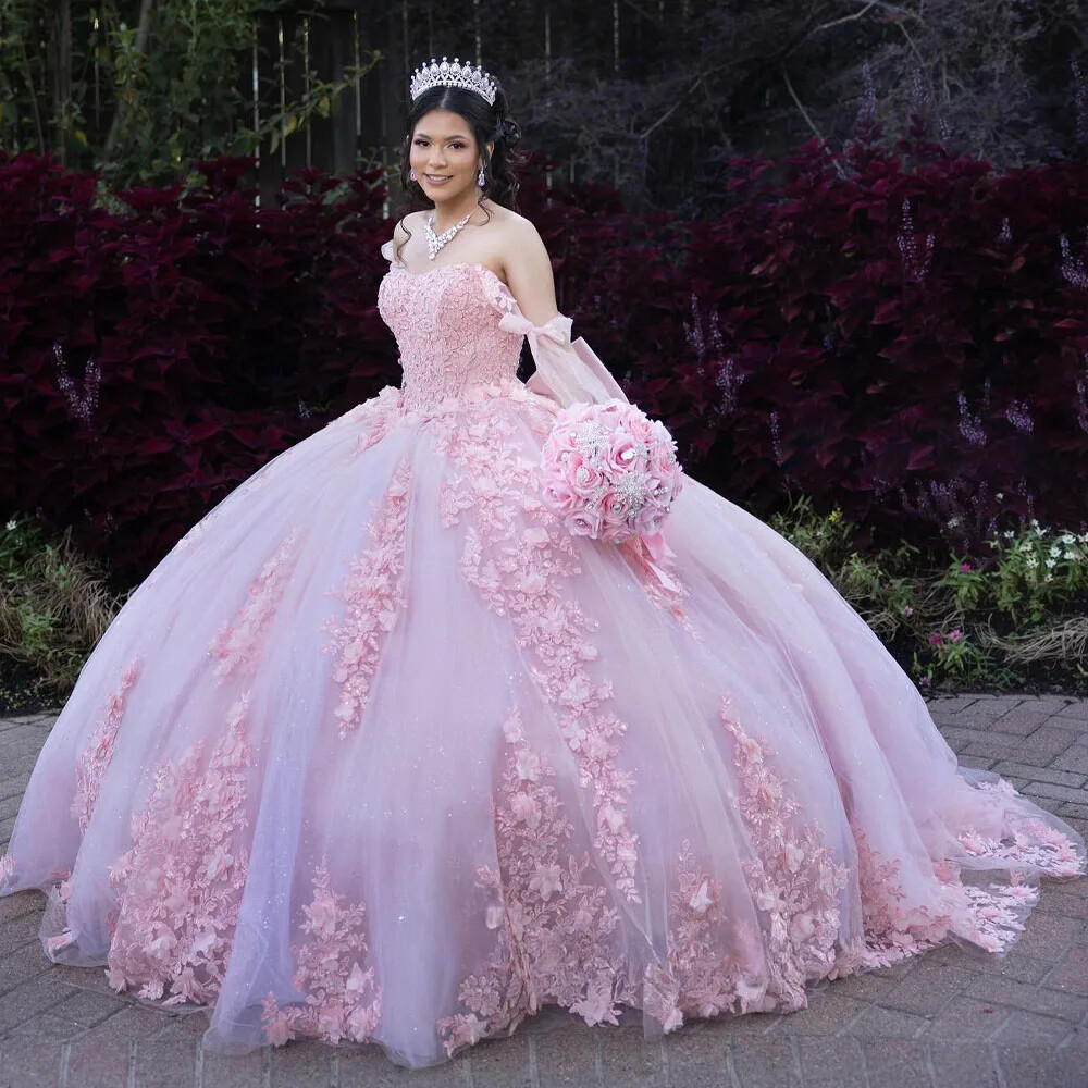 Off Shoulder Quinceanera Dresses 3D Florals Applique 16th Birthday Party Gowns