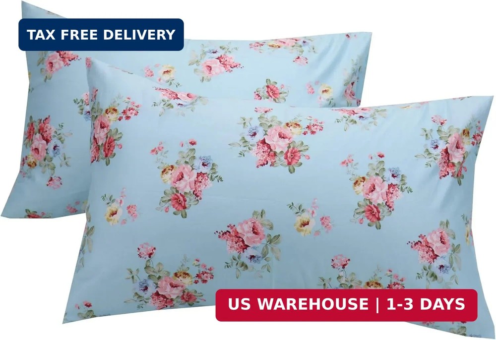 2 Pack Queen Floral Bed Pillow Pillowcases, 100% Cotton Blue Soft Standard Size