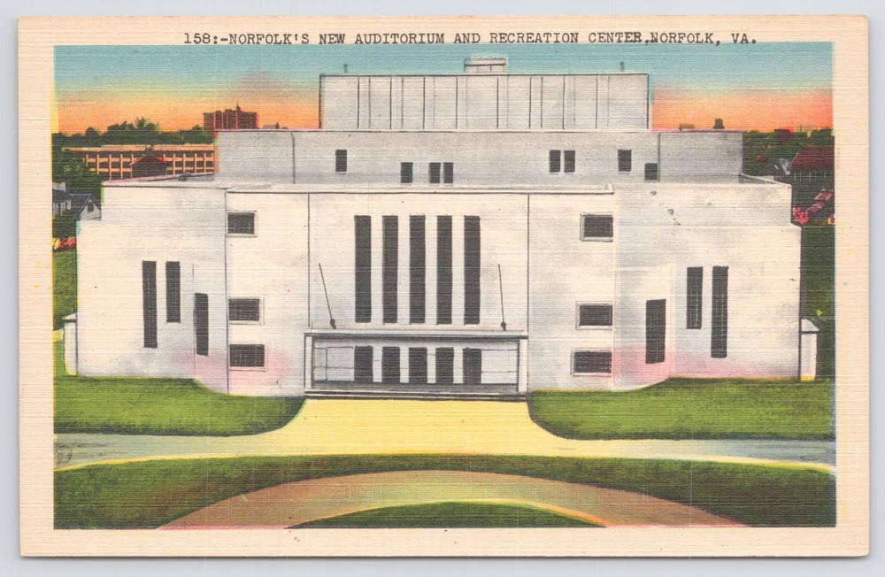 Linen~Elevated View Of Auditorium & Recreation Center~Norfolk VA~Vintage PC