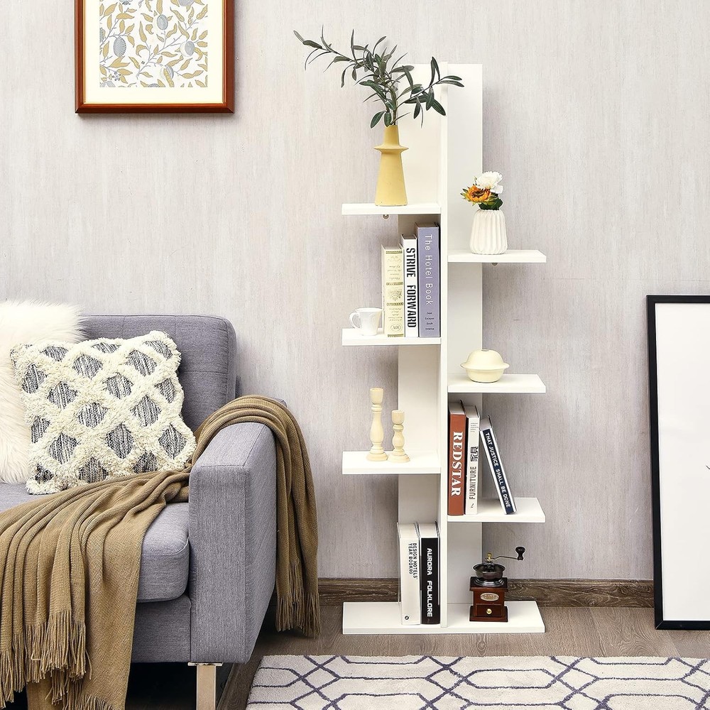 Modern Geometric Wood Bookcase with 8 Open Shelves for Stylish Storage