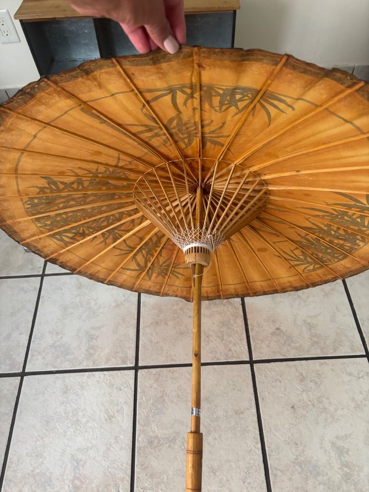Vintage Handmade Japanese Bamboo Paper Umbrella Parasol Hand Painted Crane READ