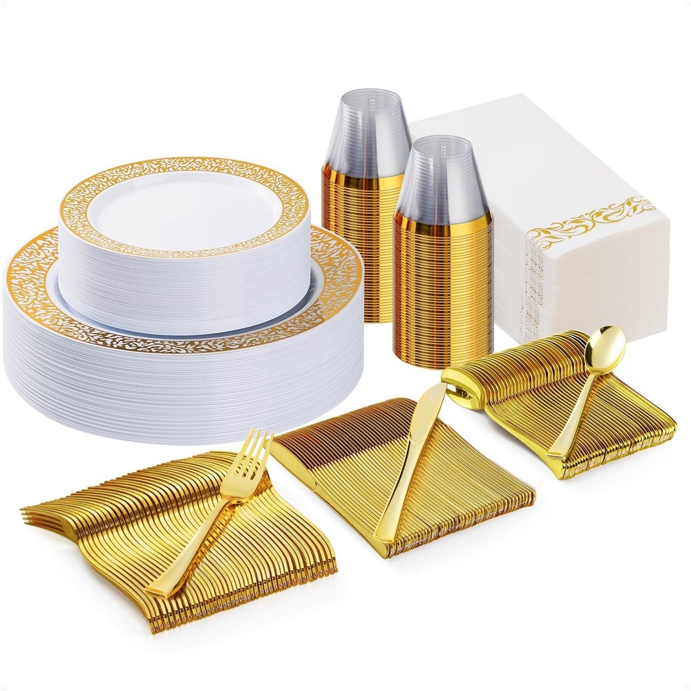 175-Piece Gold Plastic Dinnerware Set for 25 Guests - Elegant Disposable Party Plates and Cutlery  