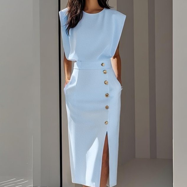 Women's Summer Split Dress With Buttons Casual Sleeveless Midi Dress Clothing