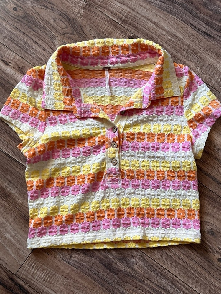 Free People Babe Town Polo Top Tee Flower Striped Cropped Size Small Beach Sun