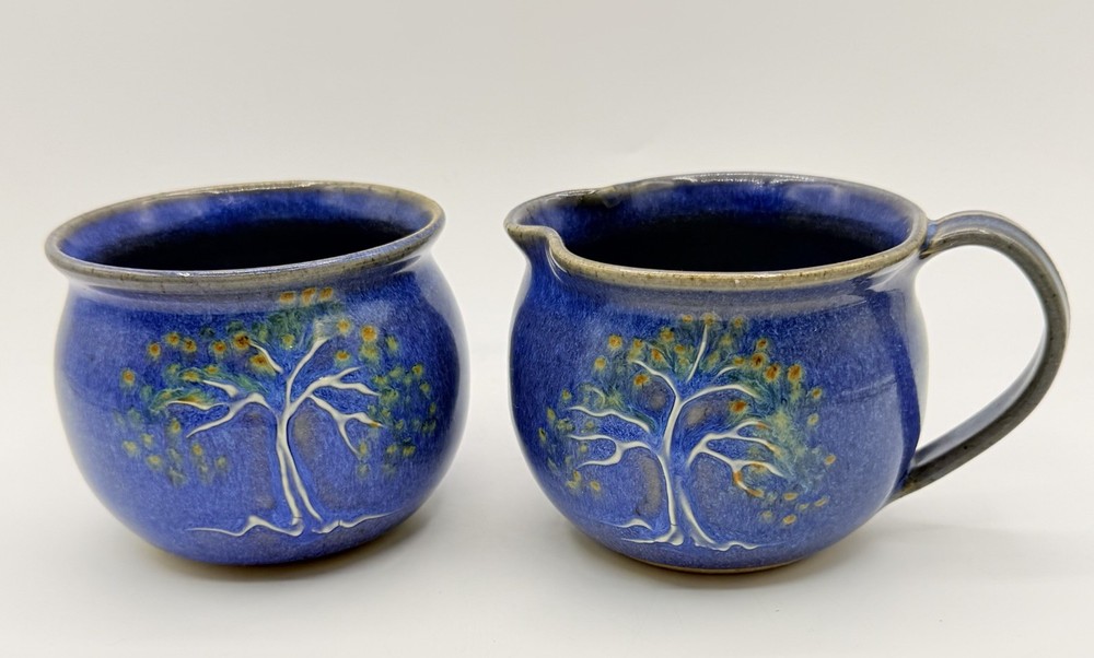 Handmade Studio Pottery Blue Tree Of Life Creamer Sugar Bowl Set Signed S