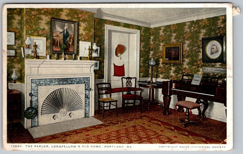 Antique Postcard Longfellow House Parlor Portland, ME 1910s