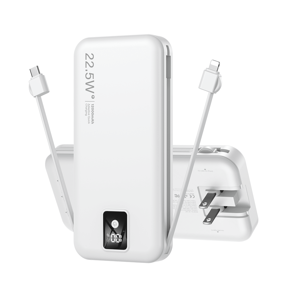 Portable Charger With Built-In Cables 12000mAh High Capacity USB C AC Wall Plug