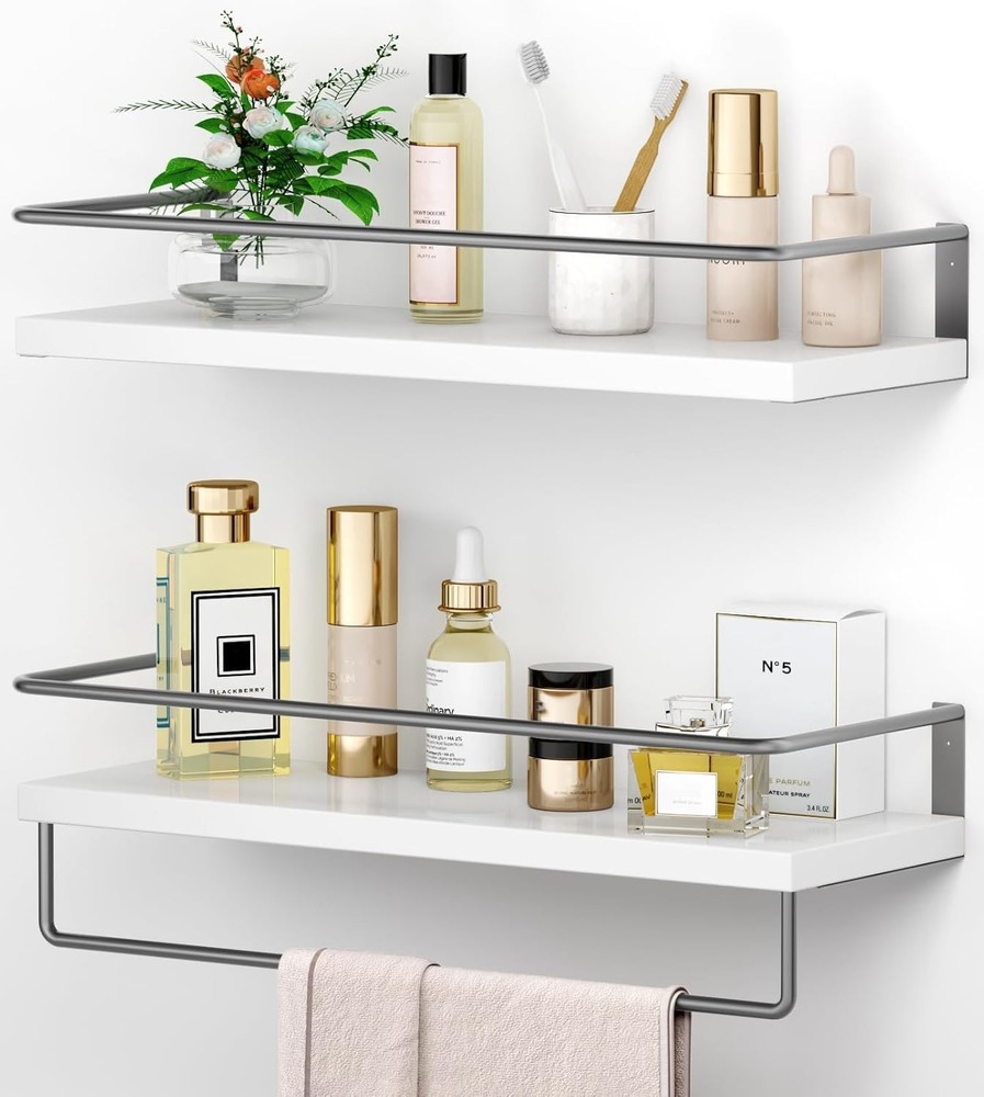 White Floating Shelves with Dark Grey Towel Rack - Set of 2 Wall Mounted Hanging