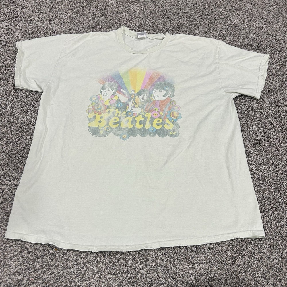 The Beatles Band Tee Vintage Style Junk Food Graphic T-Shirt Green Thrashed L