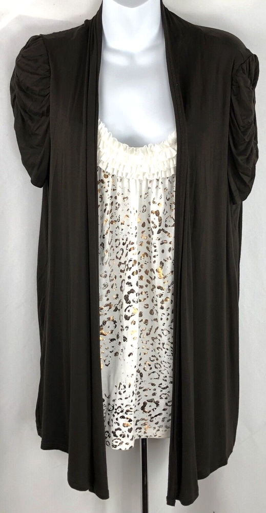 AB combo cardigan top XL brown ivory Leopard ruffle scoopneck ruched shortsleeve