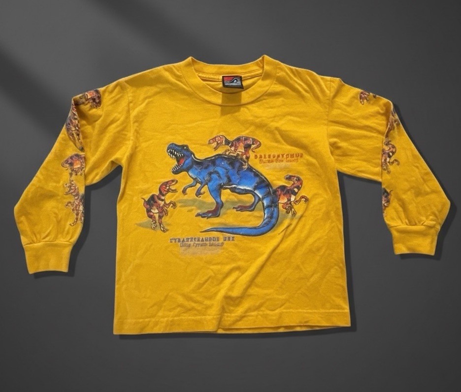 Dino-Pack Long Sleeve Yellow T Shirt VTG 90’s T Rex Boys Size 6/7