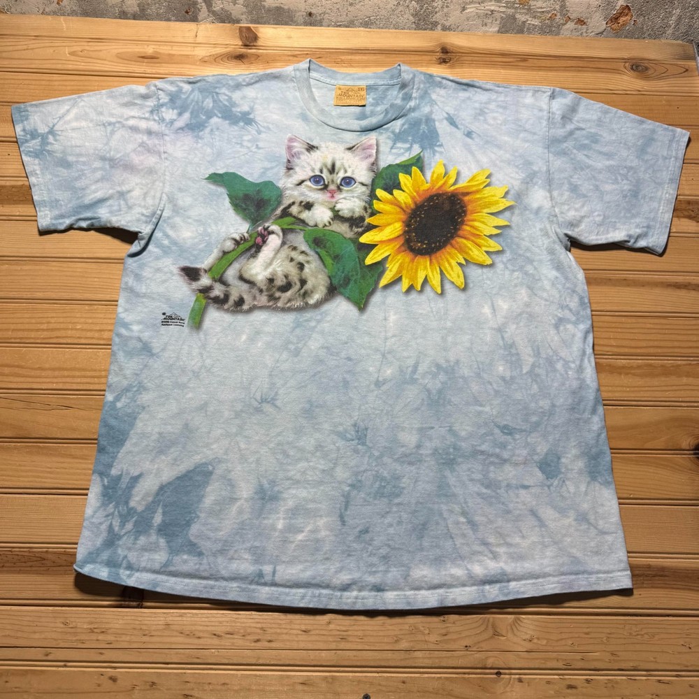Vintage Y2K Kitten Sunflower Nature Art Animal Tie Dye Graphic T-Shirt USA - 2XL