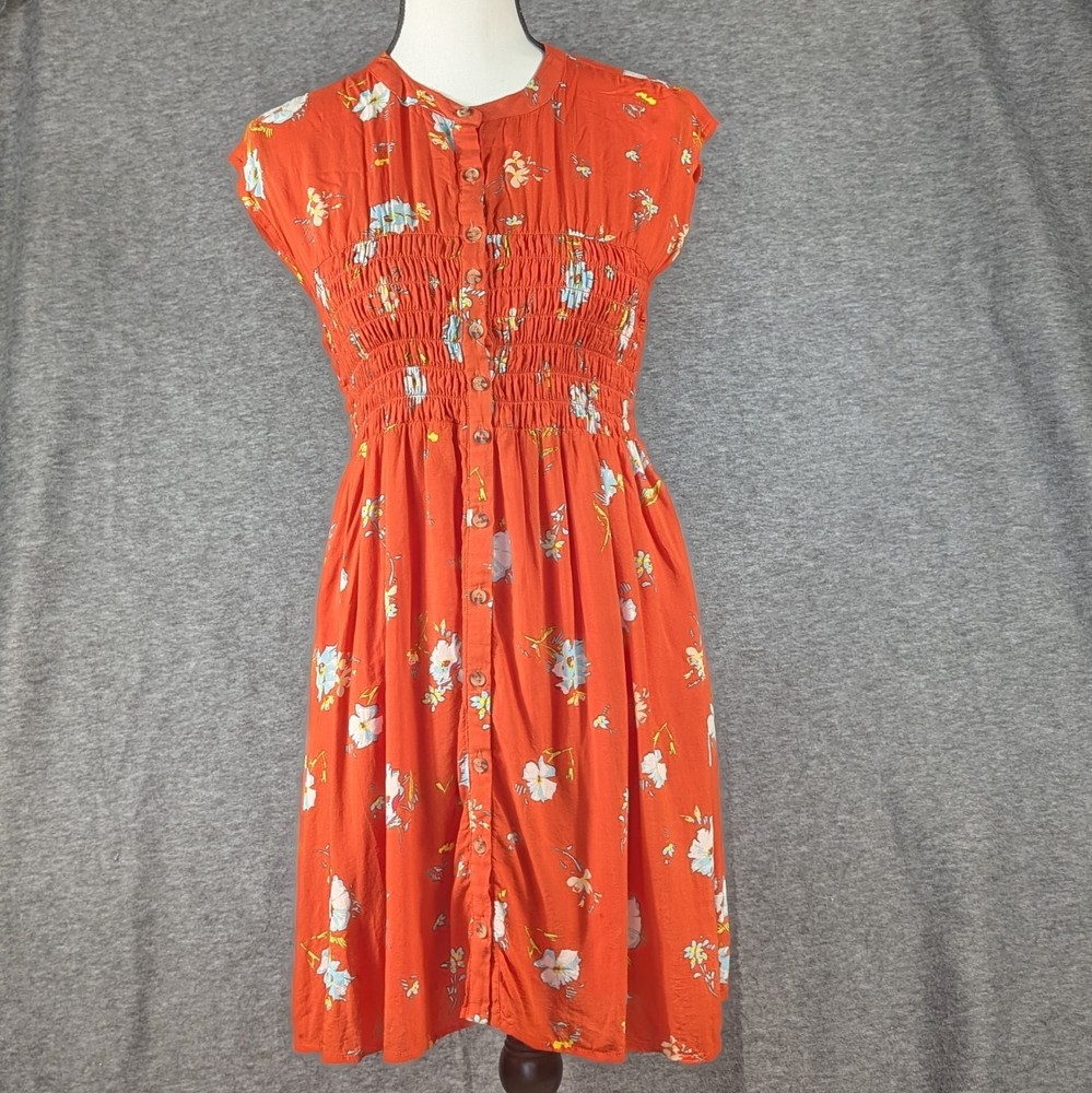 Free People Greatest Day Smocked Orange Floral Dress Size Small Lined FairyCore