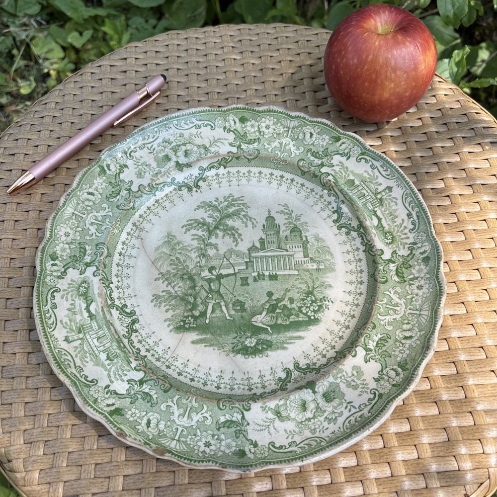 Antique English Transfer Ware Ridgways Green Archery Pattern Dinner Plate