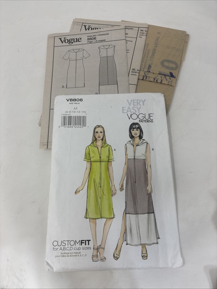 Vogue 8806 2 Hooded Dresses w/ ABCD Cup Sz 6 8 10 12 14 Sewing Pattern UC FF OOP