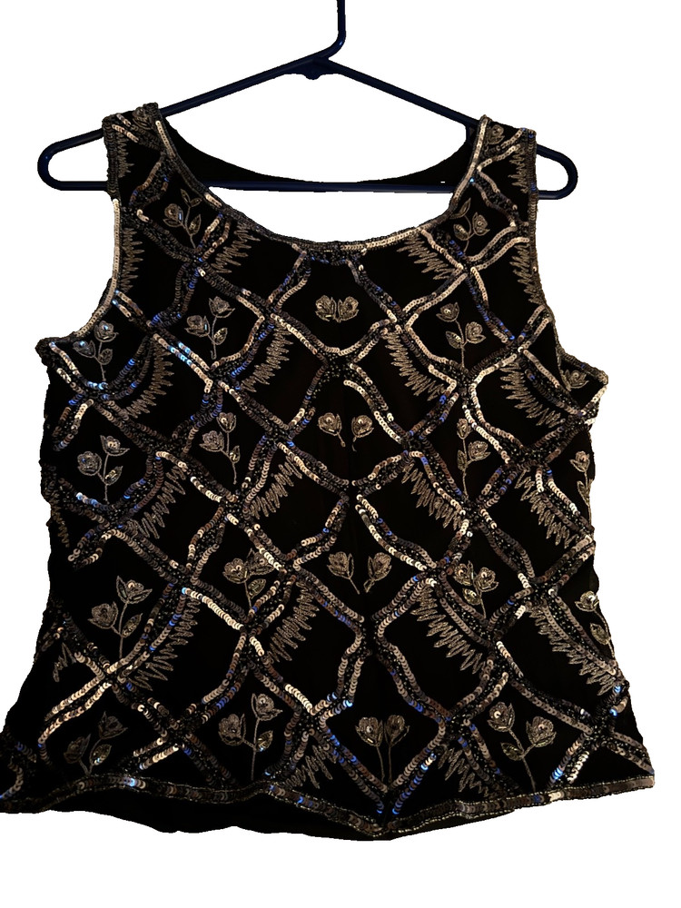 Emma Black beaded Size 10, Vintage 100% Silk