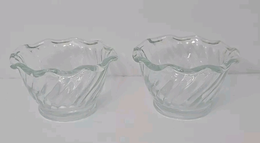 Set of 2 Anchor Hocking Clear Glass Swirl Design Pattern #56 Low Sherbet Dishes