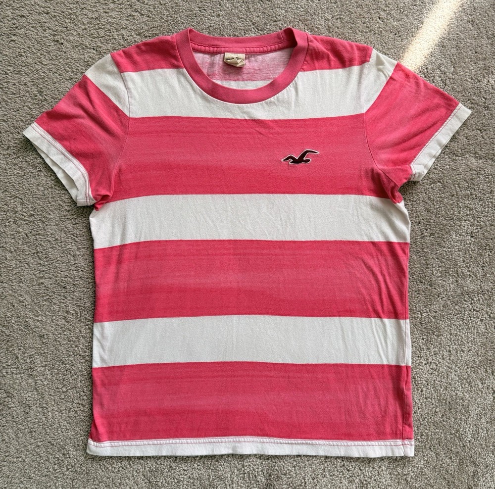 Vintage Y2K Hollister Men’s Pink/White Striped Logo Short Sleeve T-Shirt M