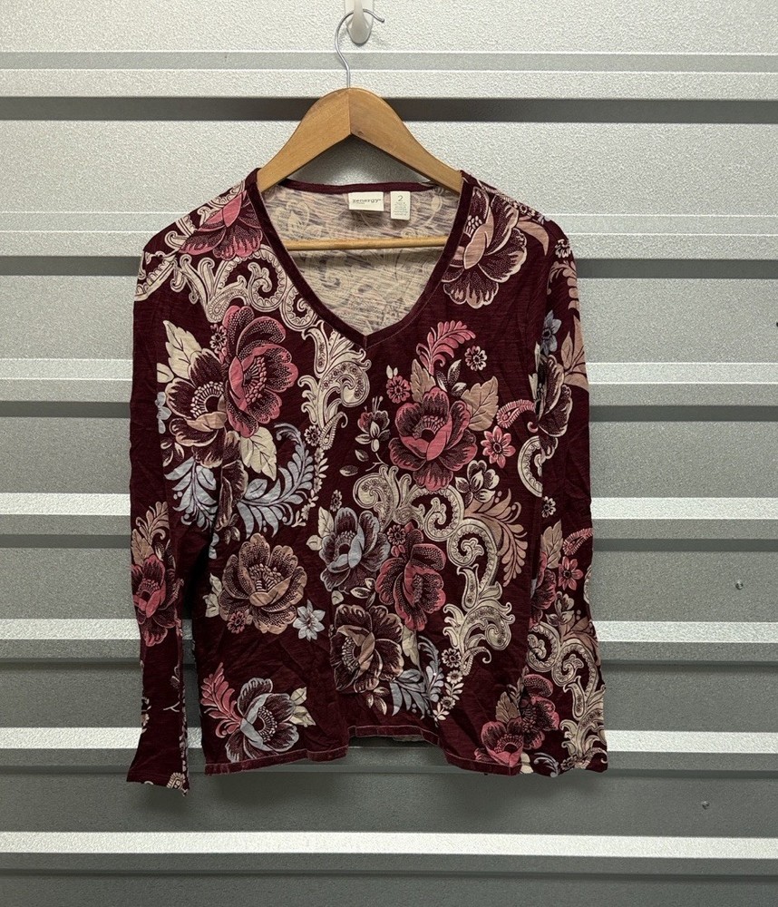 Chicos Womens V Neck Velvet Paisley Long Sleeve Sequins Tee Size 2 ZENERGY Artsy