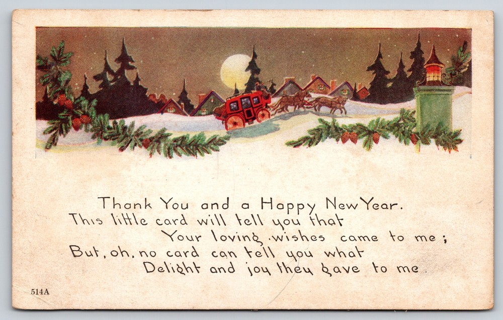 New Year~Art Deco Revelers In Moonlit Carriage~Horses~Pine Cone Garlands~1923 PC