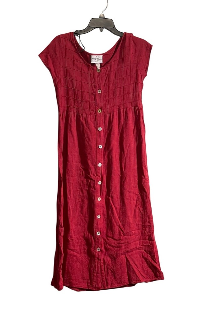Vtg Studio Ease 10P Linen Midi Dress Red Button Front Cottagecore 90's