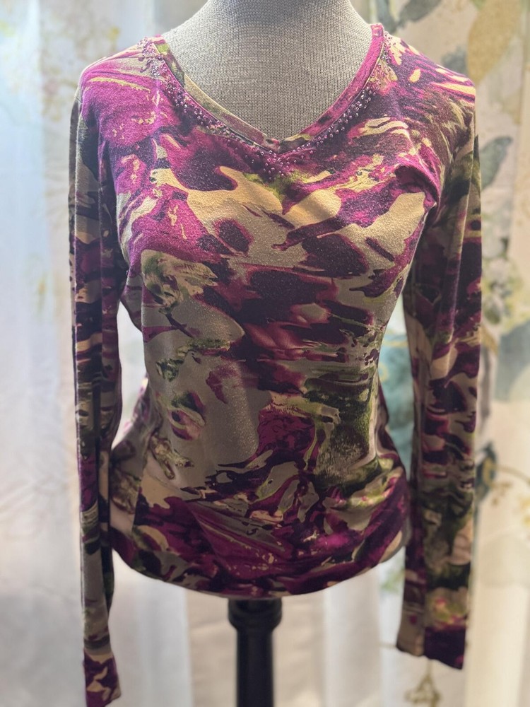 Long Sleeve V-Neck Top with Purple and Green Abstract Pattern
