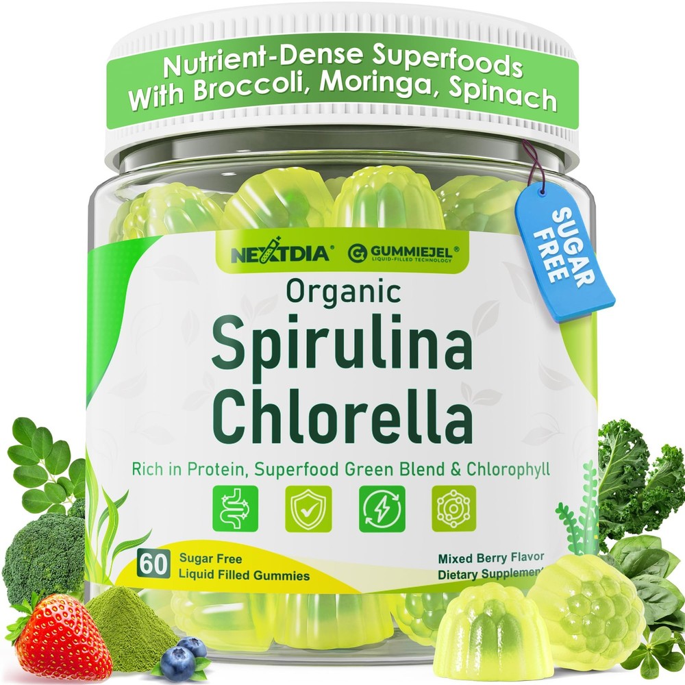 Organic Spirulina + Chlorella Gummies, High in Vegan 60 Count (Pack of 1)