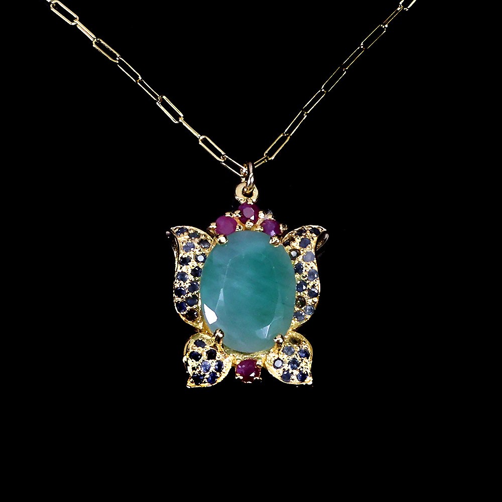 925 Sterling Silver Necklace Oval Emerald 15x11mm Ruby Sapphire Gemstone 17in