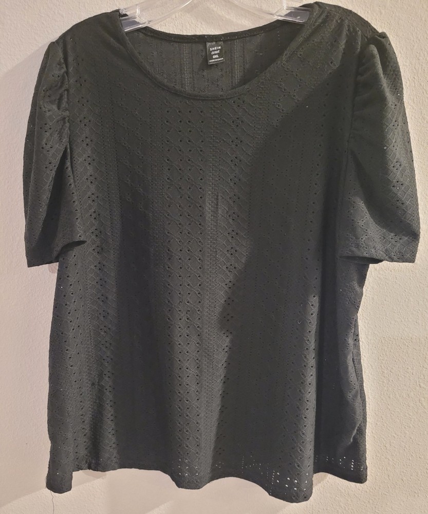 SHEIN Curve Black Eyelet Embroidered Short Sleeve Blouse Top Women’s 0XL